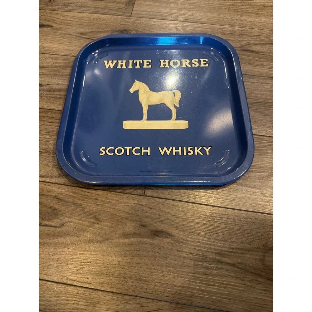 Vintage White Horse Scotch Whisky Square Blue Metal Tin Serving Bar Tray